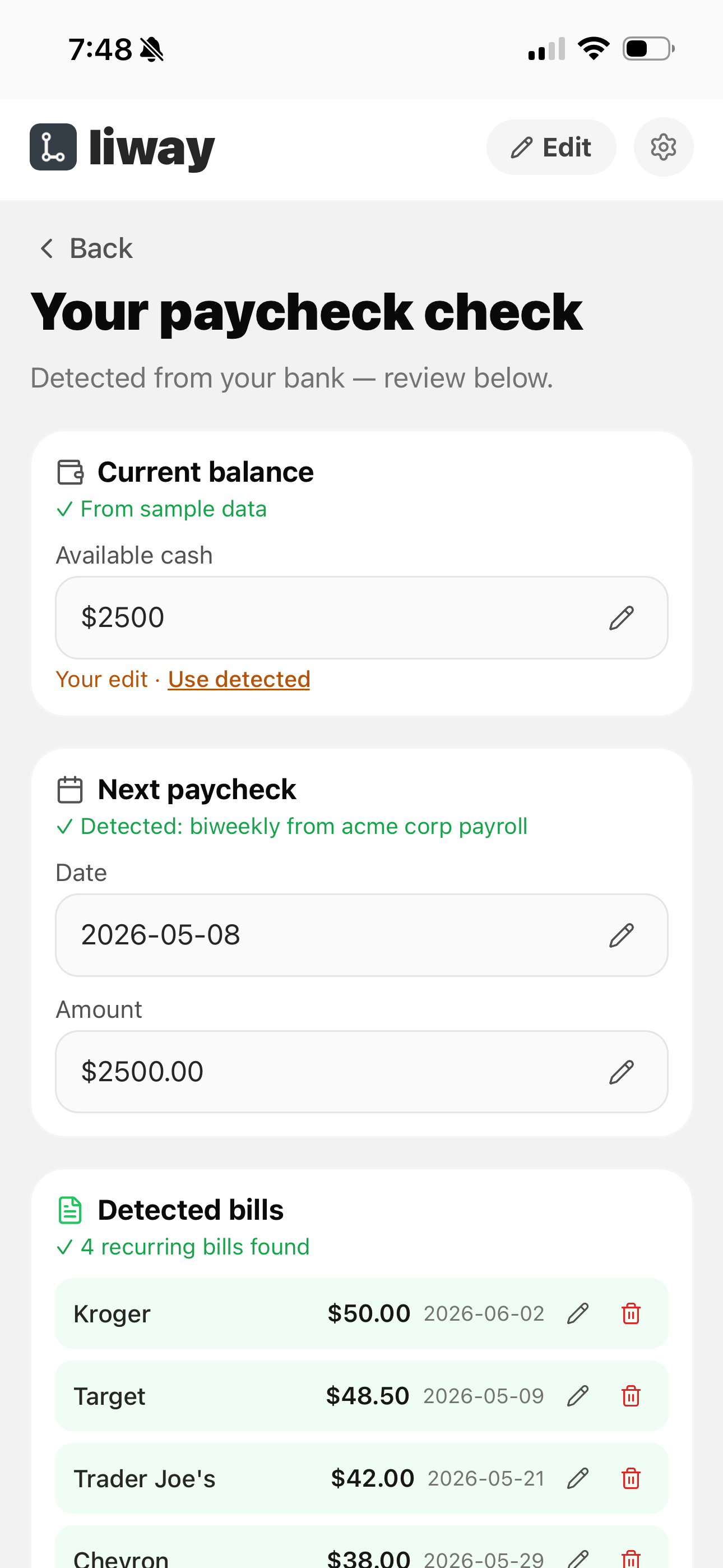liway paycheck check screen showing detected balance, next paycheck, and detected recurring bills